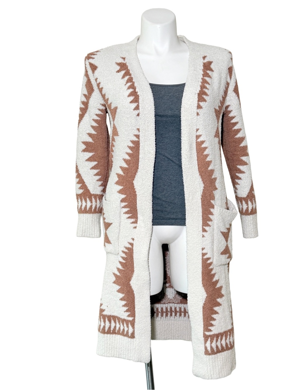 Long Duster Cardigan women small Aztec Open-Front sweater teddy plush coatigan